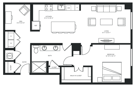 Floor plan for 1 bed, 1 bath, 1115 sqft